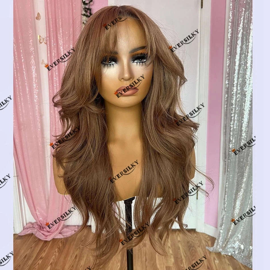 

French Bangs Linen Brown Wavy Human Hair Glueless Lace Front Wigs 200 Density Indian Remy Hair 13x6 Deep Parting Space Women Wig