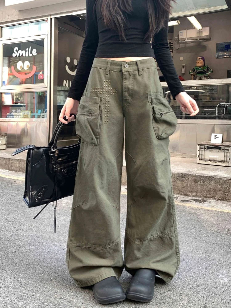 

2026 Ropa Y2K Fashion Army Green Baggy Women's Cargo Jeans Pants For Woman Clothing Wide Leg Rivet Design Vintage Long Trousers