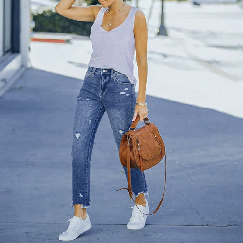 

Women Holes Mom Jeans Casual High Waist Trousers Button Zipper Straight Pants Denim Y2k Streetwear Skinny 2025 Summer Pants