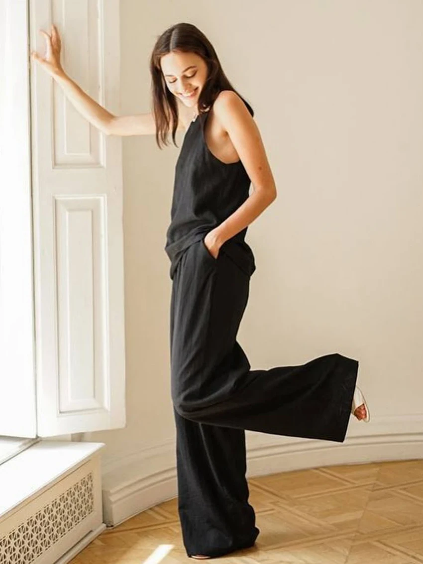 Marthaqiqi Casual Female Nightgowns Set Spaghetti Strap Pajamas Tank Top Sleepwear Sleeveless Nightie Pants Loose Nightwear Suit