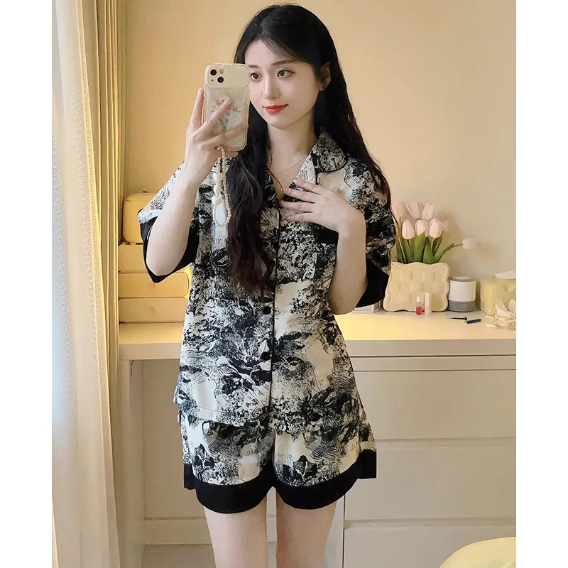 Ink and Wash Painting Women Pajamas Sets Summer China Style Faux Silk Satin Female Sleepwear Classic Elegant Short Housewear