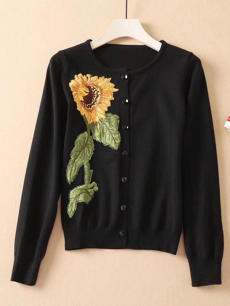 SEQINYY Black Suit Casual Spring New Fashion Design Women Runway Autumn Embroidery Knitting Cardigan +Strapless Dress Flower