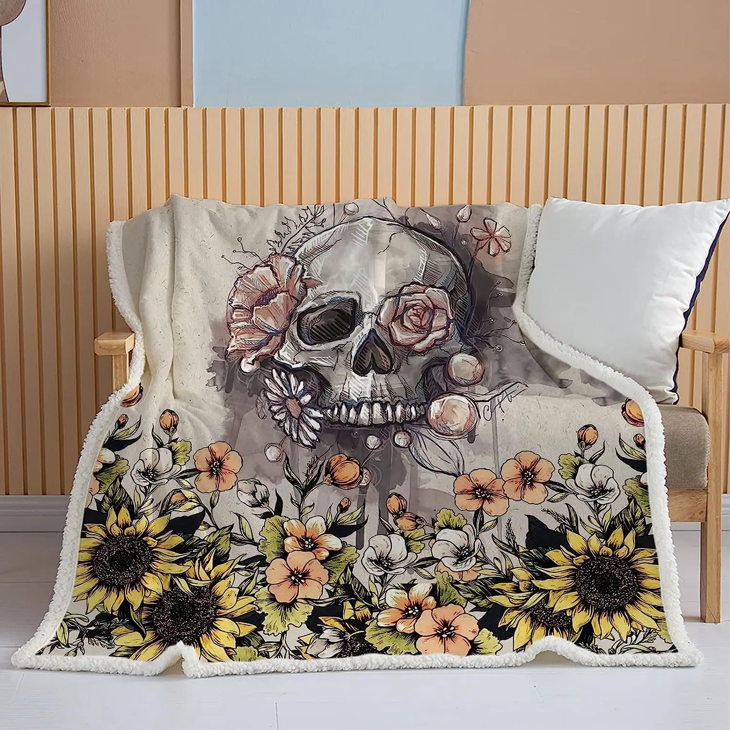 Watercolor Sunflower Skull Sherpa Fleece Blanket 60x80 Inches, Soft Warm Plush Throw Blanket Fleece Fuzzy Lightweight