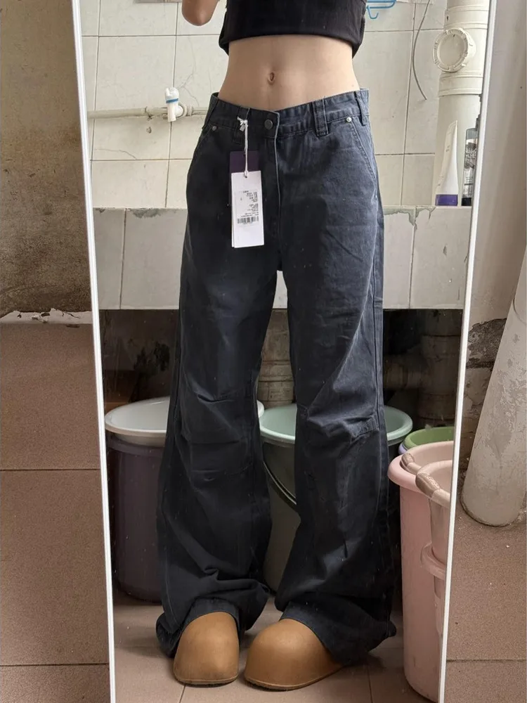 

Retro American Washed Pleated Clean Fit Jeans Men's Loose Straight Casual Workwear Trendy Brand mid Waist Denim Pants