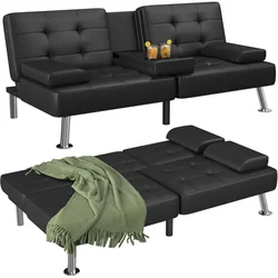 Futon Sofa Bed, Modern Folding Futon Set, Convertible Lounge Chair, with 2 Cup Holders and Detachable Armrests