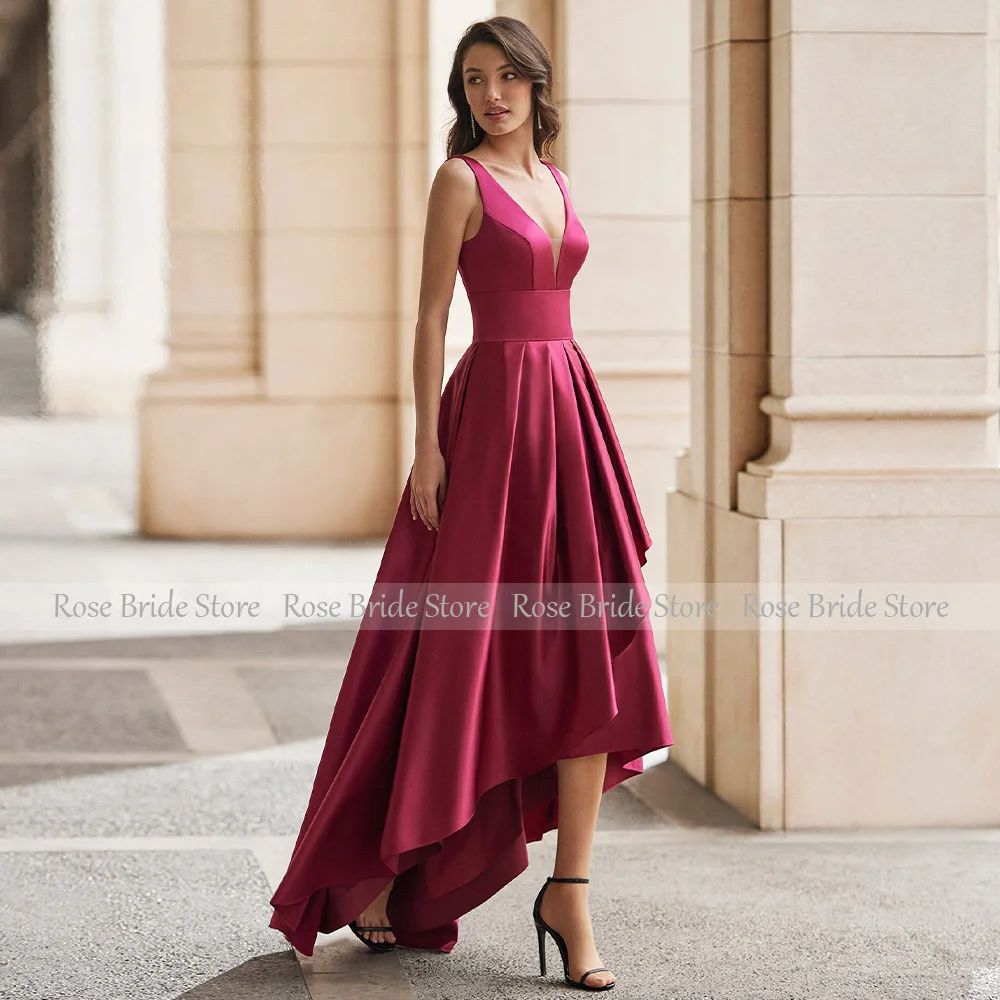 Vestido de graduación fucsia asimétrico de satén para mujer, línea A, Simple, fiesta de noche, cuello en V profundo, Espalda descubierta, Sexy, 2023