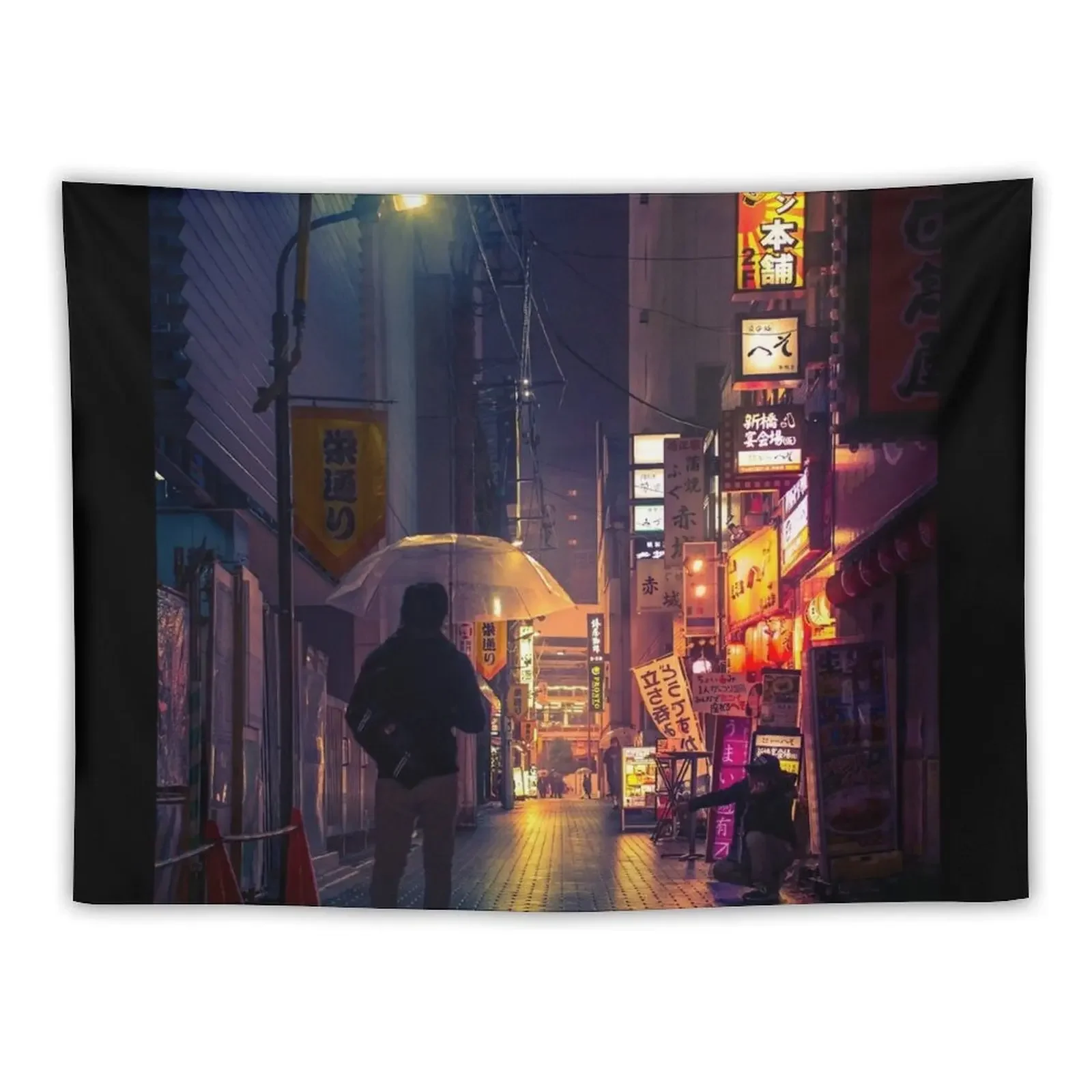 Neon Noir Street Reflecting the warm yellow and orange light from the bar area. Tapestry Home Decorations Tapestry