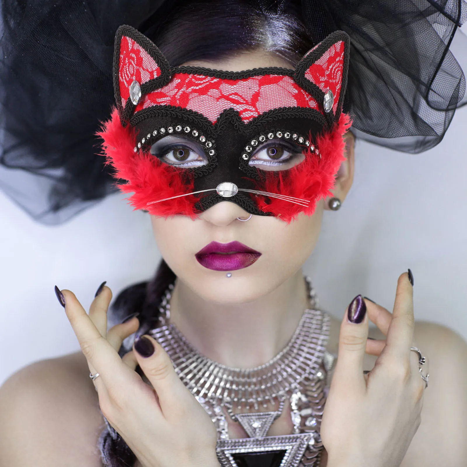 قطعتان من قناع القطط الأنيق من الدانتيل للنساء، أزياء تنكرية لحفلات الهالوين، إكسسوار تنكري، أقنعة قناع القط التنكرية