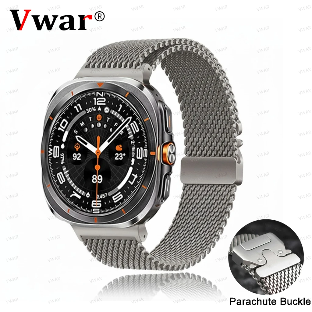 

VWAR Natural Titanium Band for Samsung Galaxy Watch Ultra 47mm Men Milanese Loop Strap for Watch 8/8 Classic Parachute Buckle