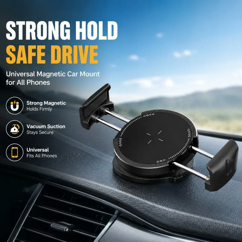 

Universal Magnetic Phone Car Mount Holder, Vacuum Suction, Strong Magnet for Dashboard Windshield, Compatible with All