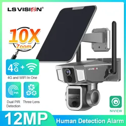 LS VISION 4G/WiFi 무선 방수 태양 보안 카메라, 야외 듀얼 스크린, 4K 10x 줌, 듀얼 PIR 자동 추적 CCTV, 2 in 1