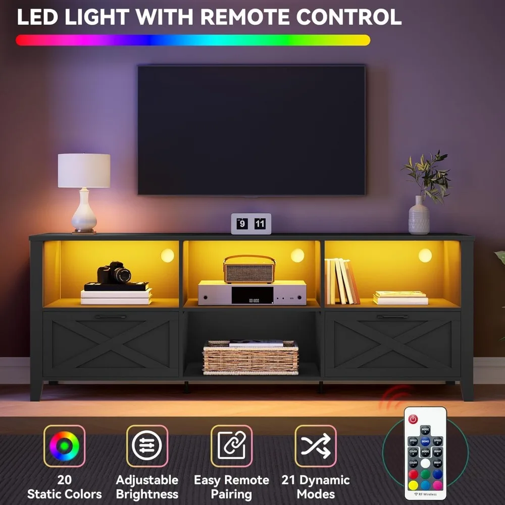 Suporte de TV de fazenda de 70 polegadas, centro de entretenimento com luz LED acomoda TVs de até 80 polegadas, console de TV de mídia com armazenamento