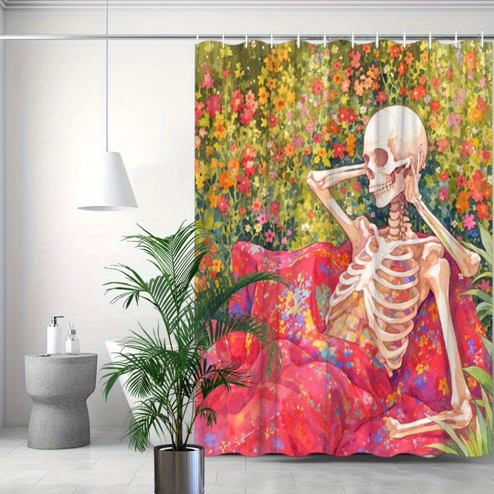 

1 шт. Скелет, расслабляющий на занавеске для душа с цветочным принтом дивана — сказочный фантазийный дизайн, яркие цвета, полиэстер, в комплект входят 12 крючков, 70 шт.
