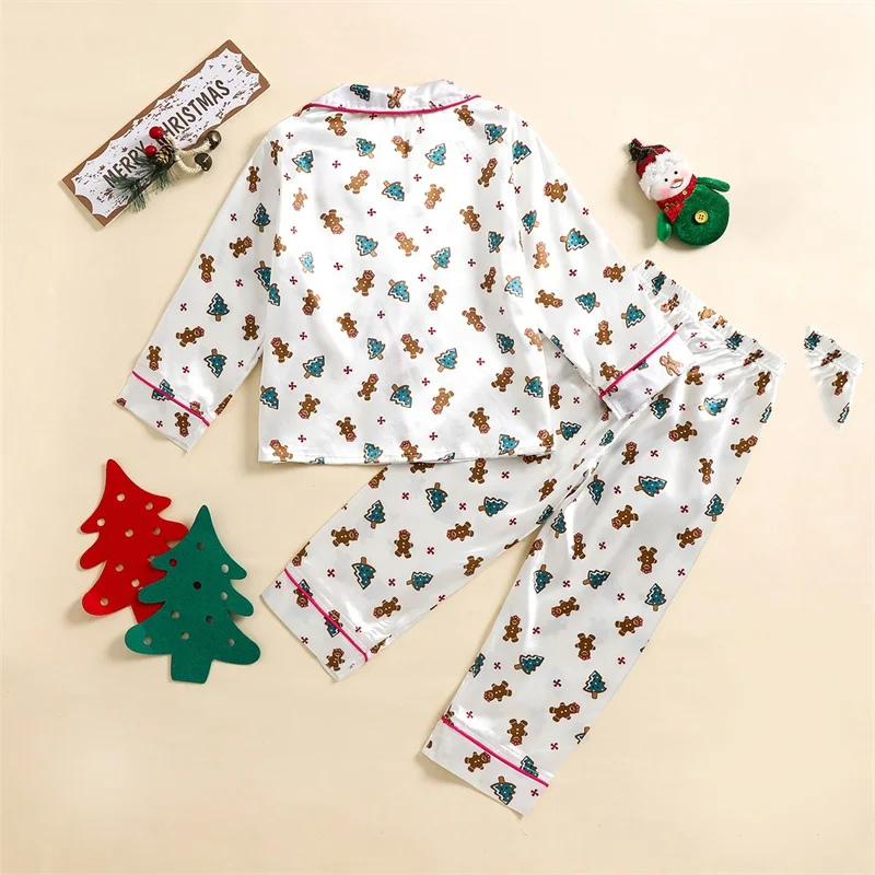 Kids Christmas Pajama Sets Gingerbread Man Print Lapel Neck Button-up Tops Long Pant Autumn Satin Loungewear Set