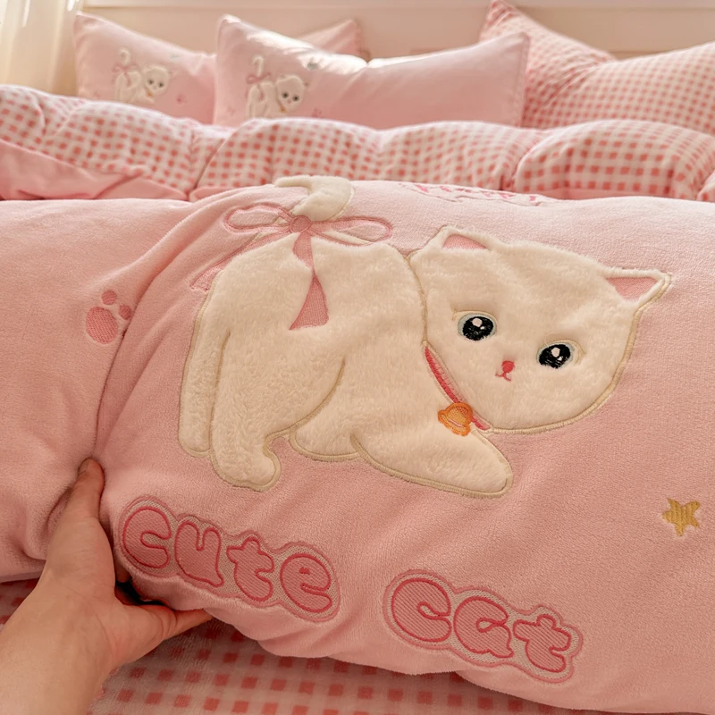 3/4Pcs Pink Cute Cat Embroidery Child Bedding Set Single Double Queen King Size Duvet Cover Flat/Fitted Bed Sheet Pillowcases