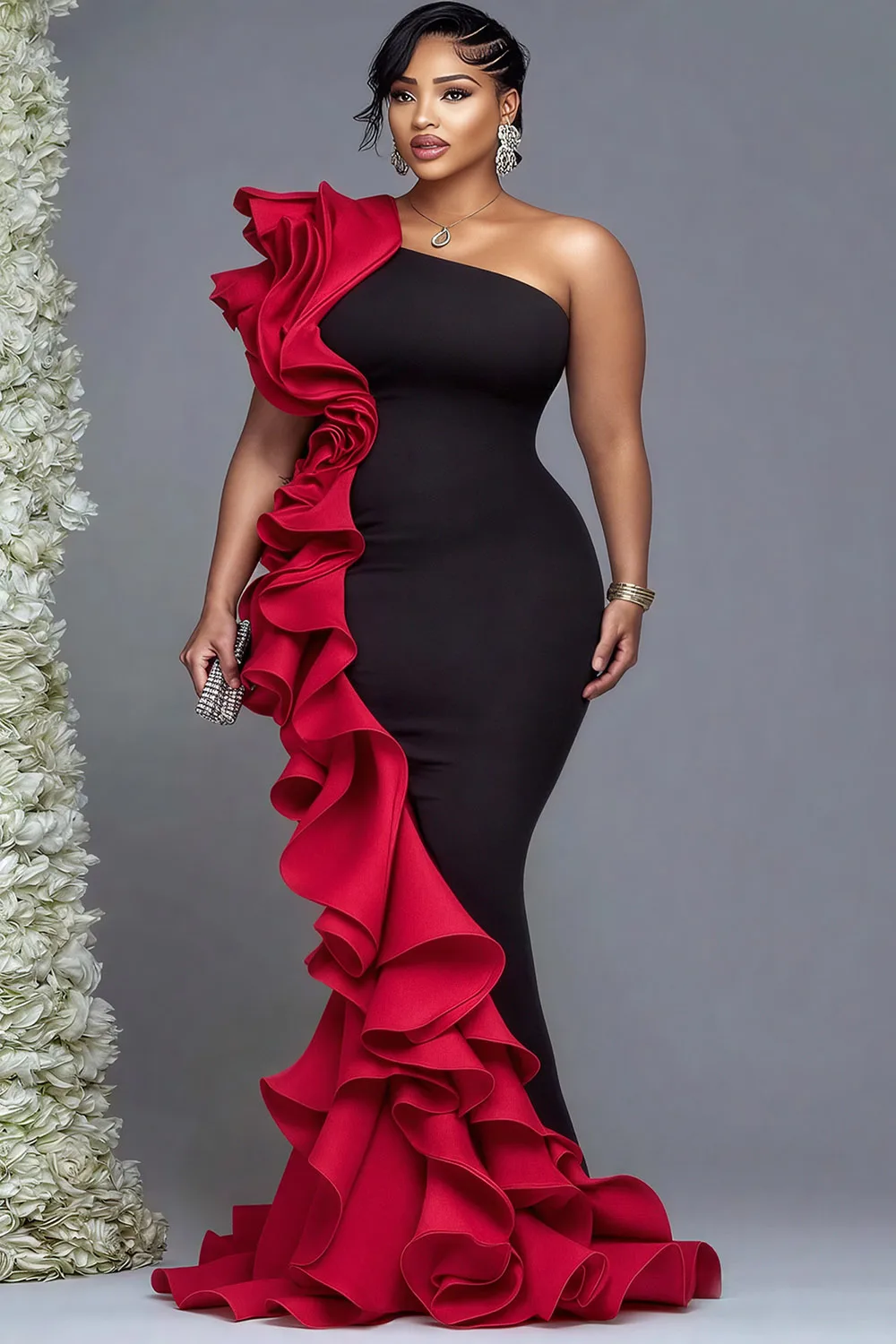 بالإضافة إلى حجم اللون الأحمر الرسمي كتف واحد كشكش فساتين ماكسي Bodycon أنيقة #1