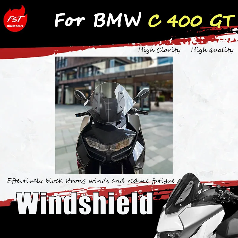 For the BMW C 400 GT motorcycle, the modified front windshield with a racing-style windscreen combat version headgear, featuring