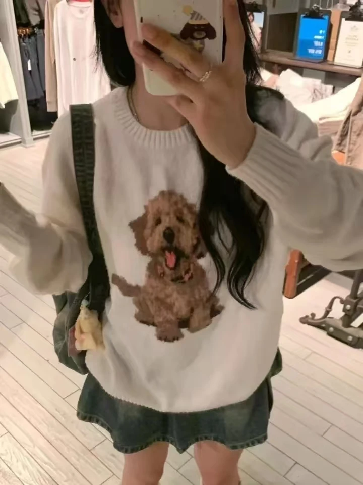 Y2k Kawaii Cute Knitted Pullovers Women Korean Sweet Harajuku Dog Cartoon Print O-nek Loose Sweater Autumn Tops Mujer Jumper New