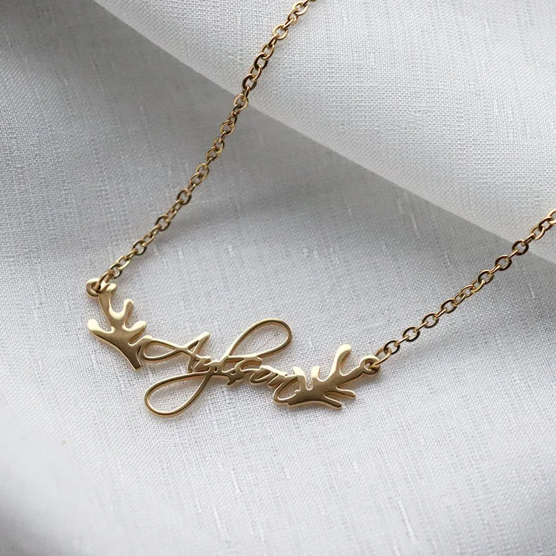 Custom Name Antlers Necklace Cable Chain18K Plated Personalized Stainless Steel Gold Color Jewelry Christmas Gift for Women