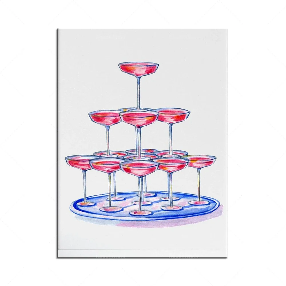 Champagner-Druck, Roséweinflasche, Champagnerflasche, Champagnerglas, moderne minimalistische Kunst, Champagner-Wanddekorationsposter