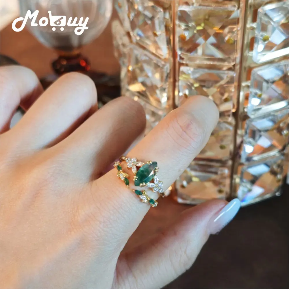 

MOBUY Vintage Natural Moss Agate Gemstone Ring Sets For Women Luxury Hollow Out Elegant S925 Silver Gold Vermeil Fine Jewelry
