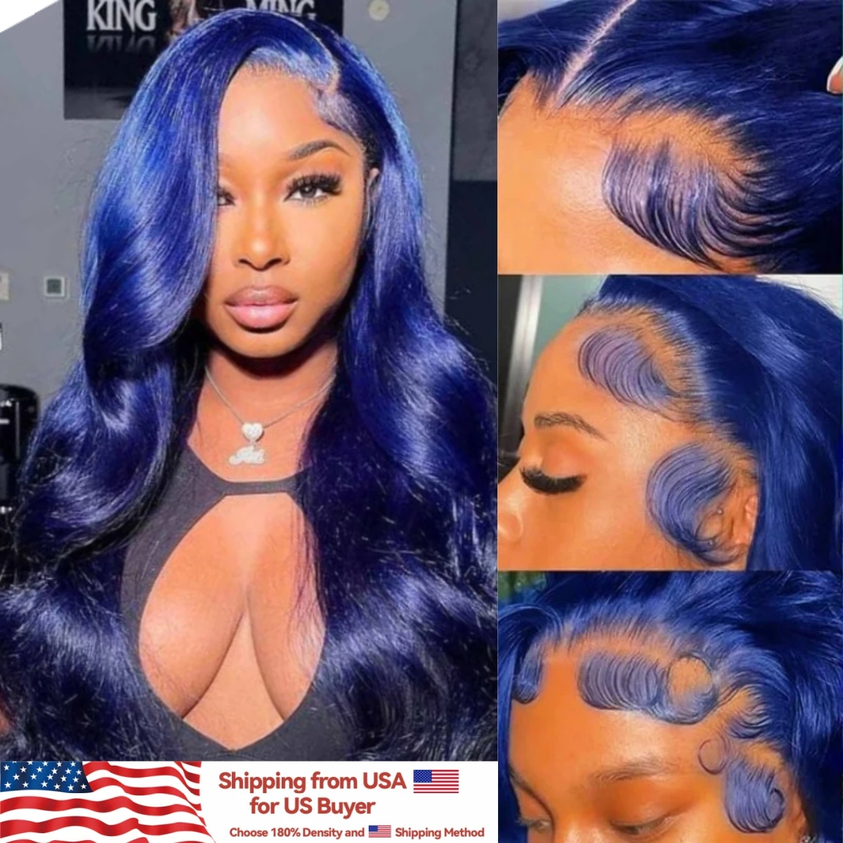 

Body Wave Navy Blue 13x4 Lace Front Human Hair Brazilian Color Blue HD Transparent Lace Front Wig For Women Pre Plucked