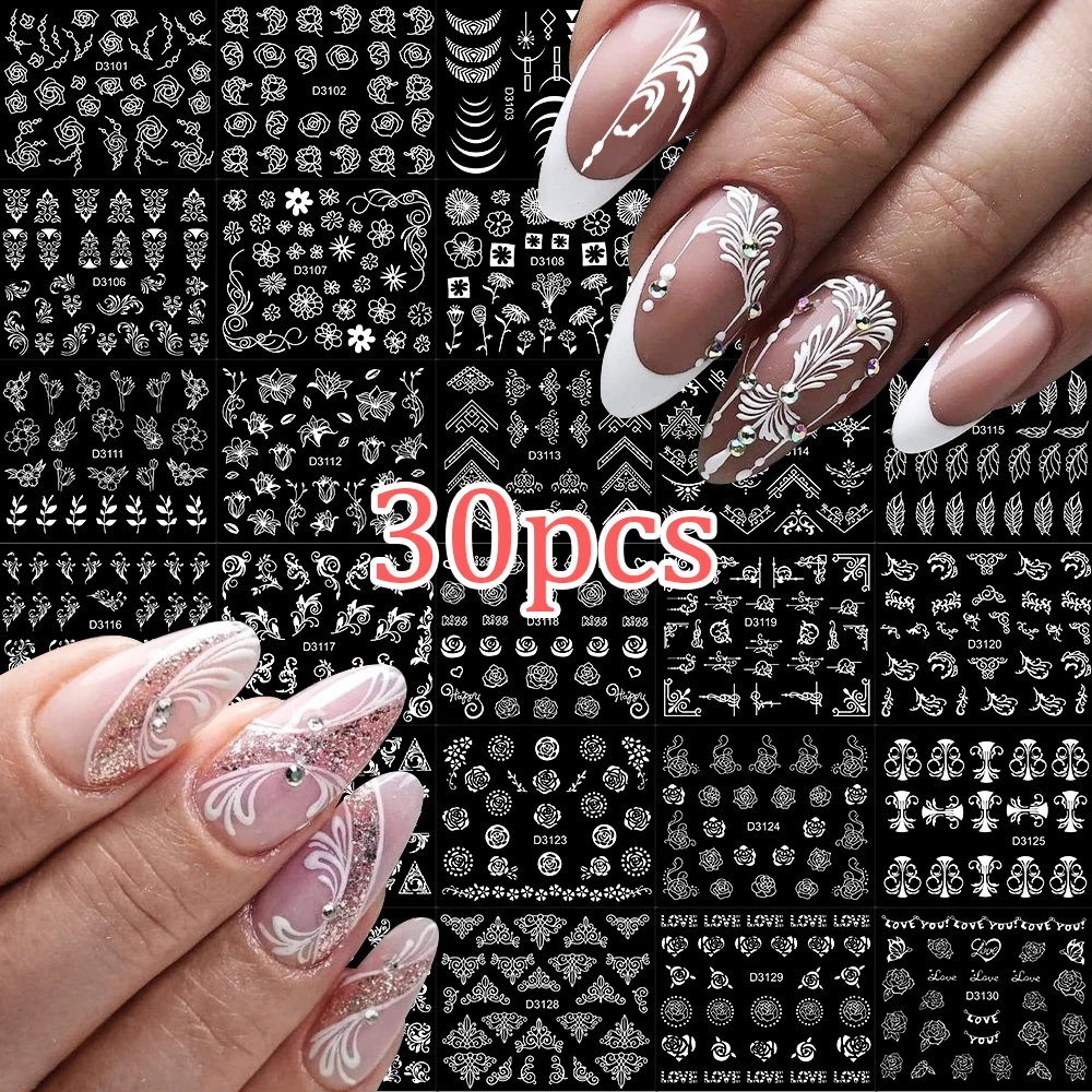 30pcs Gold White Black Hollow Flowers Nail Stickers Mixed Shape Lace Line Rose Leaves Nail Decals Retro Vine Petals Nail Supplie