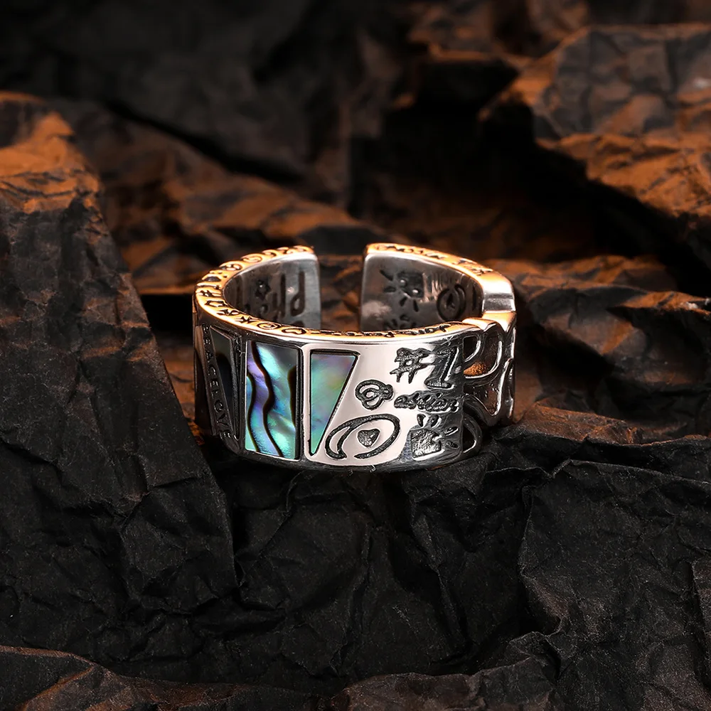 F.I.N.S S925 Sterling Silver Graffiti Flower Opening Ring Retro Old Abalone Shell Geometric Punk Rock Fashion Fine Jewelry Gifts