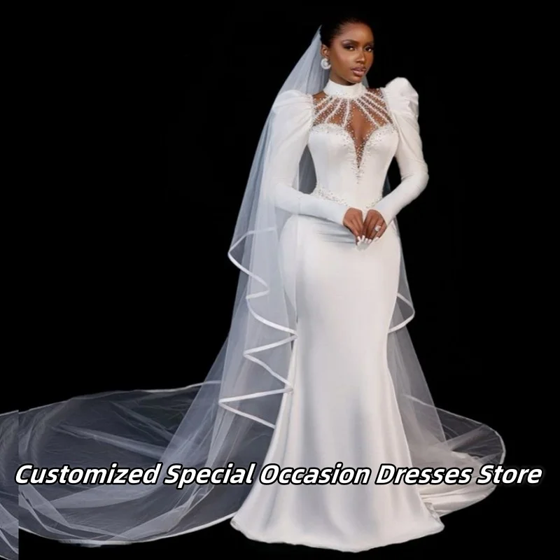 Elegante Lange Ärmel Meerjungfrau Brautkleider Für Nigerianischen Mädchen Hohe Qualität Perlen Peal Braut Kleider Vestido De Novia Angepasst