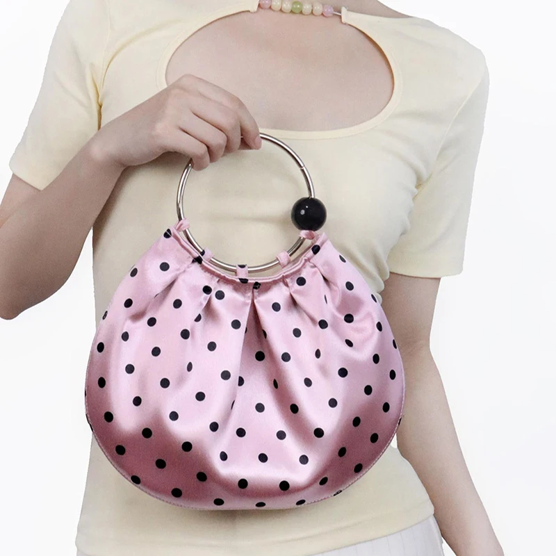 Vintage Polka Dot Ruched Hobo Bag For Women Metal Ring Handle Drawstring Pouch Bag Satin Clutch Handbag For Dating Crossbody Bag