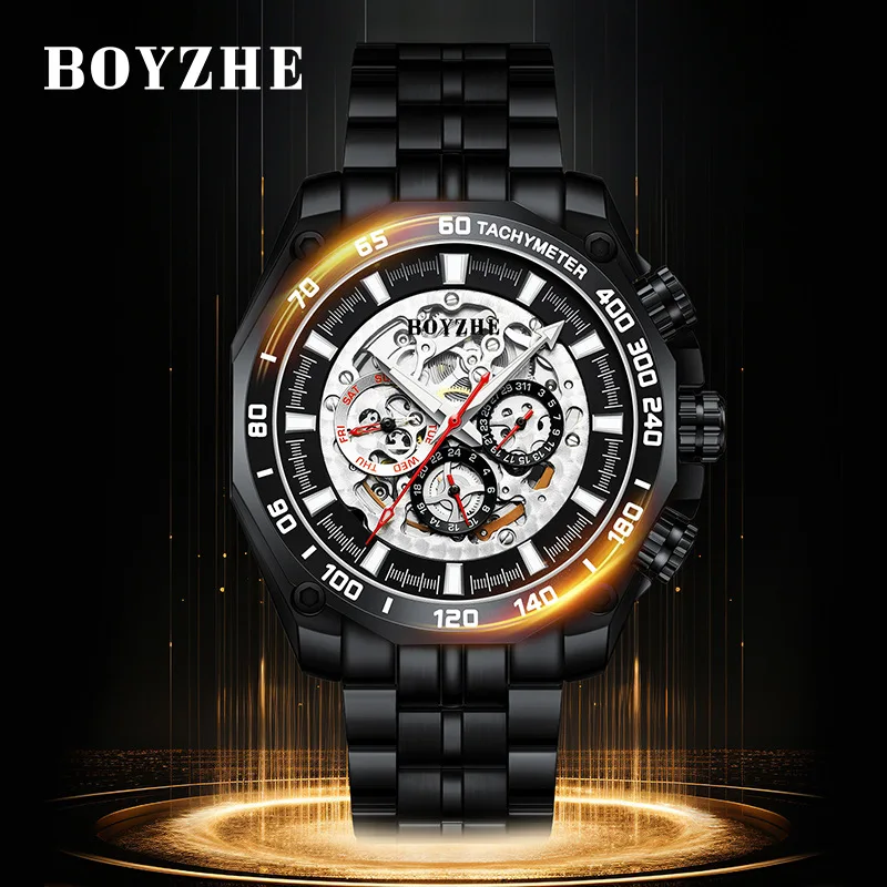 BOYZHE ساعة رجالية من أفضل العلامات التجارية الفاخرة الرياضية الميكانيكية ساعات رجالي فولاذ كامل مقاوم للماء مضيئة الهيكل العظمي ساعة اليد الرجال Relogio