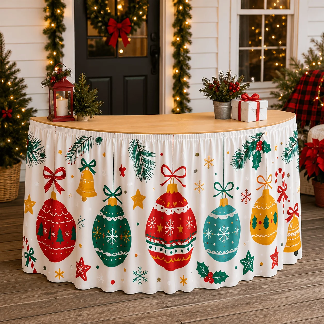 1 piece table flag table skirt, watercolor Christmas table skirt, hanging Christmas colored ball, golden bell, candy cane bow.