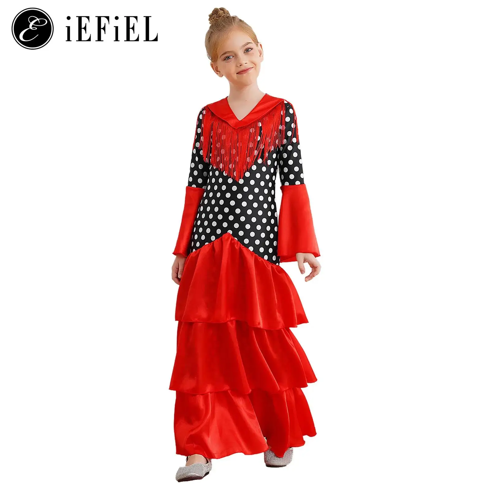 

Girls Flamenco Dancer Costume Bell Long Sleeve Polka Dot Ruffles Maxi Dance Dress Spanish Senorita Stage Performance Dresses