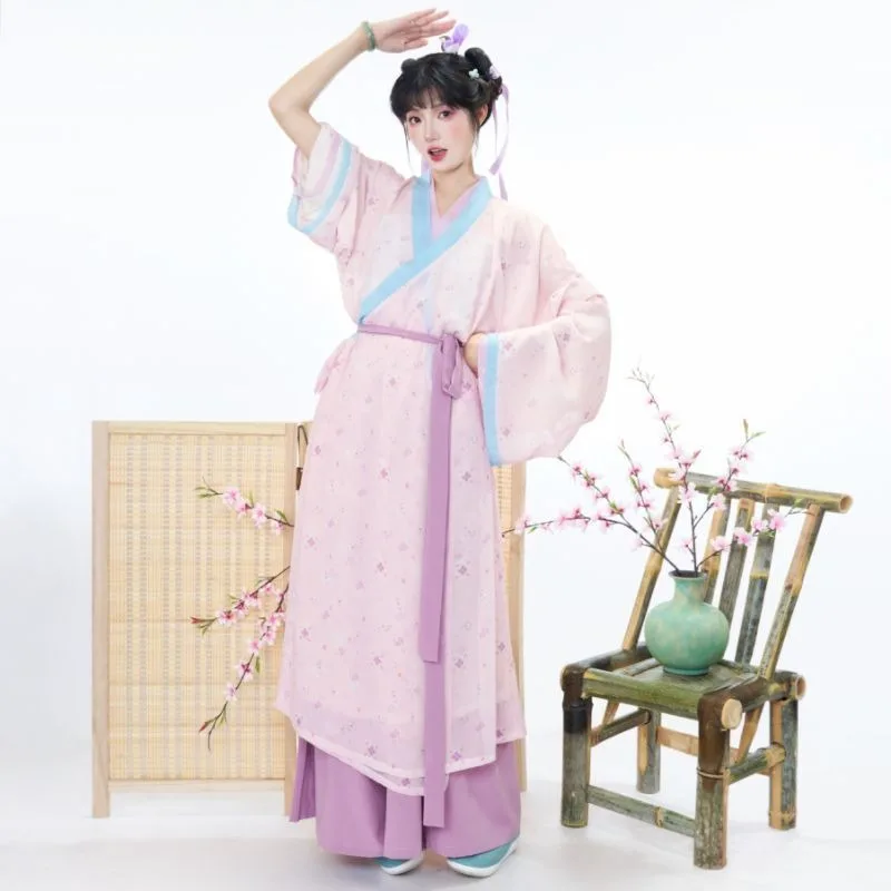 Straight train clothes Hanfu women's summer light pink daily wear gentle antique straight neck shirt Song pants suit