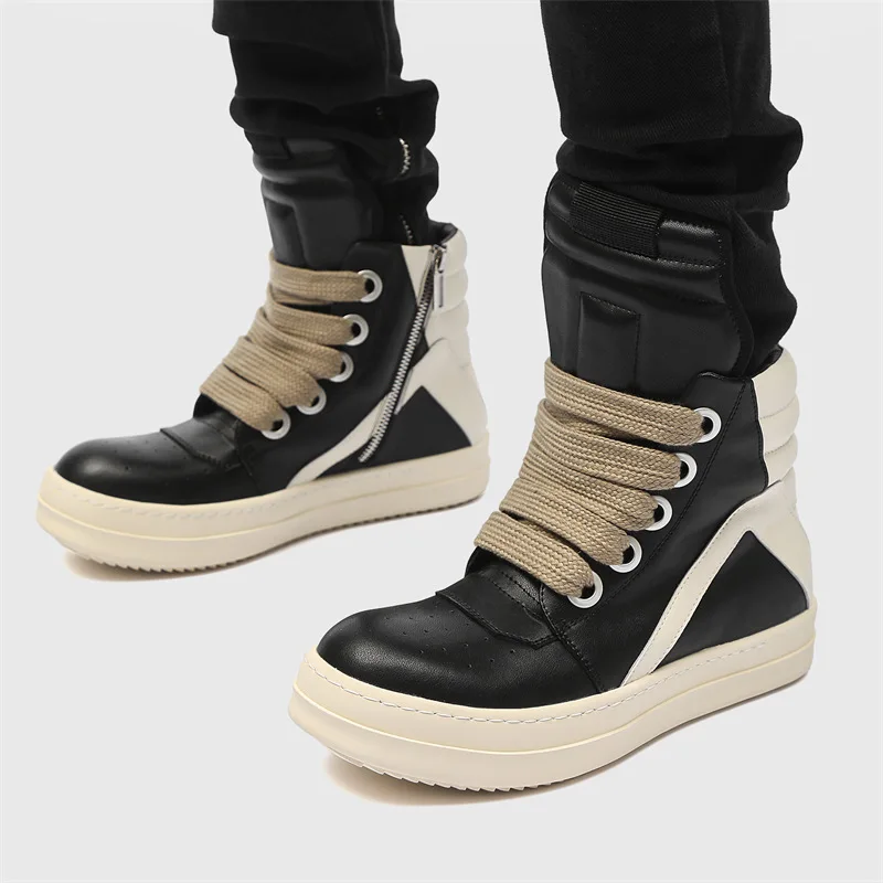 Men High Top Shoes Casual Platform Sneakers Leather Jumbo Lace Up Zip Luxury Trainers Autumn Black Boots