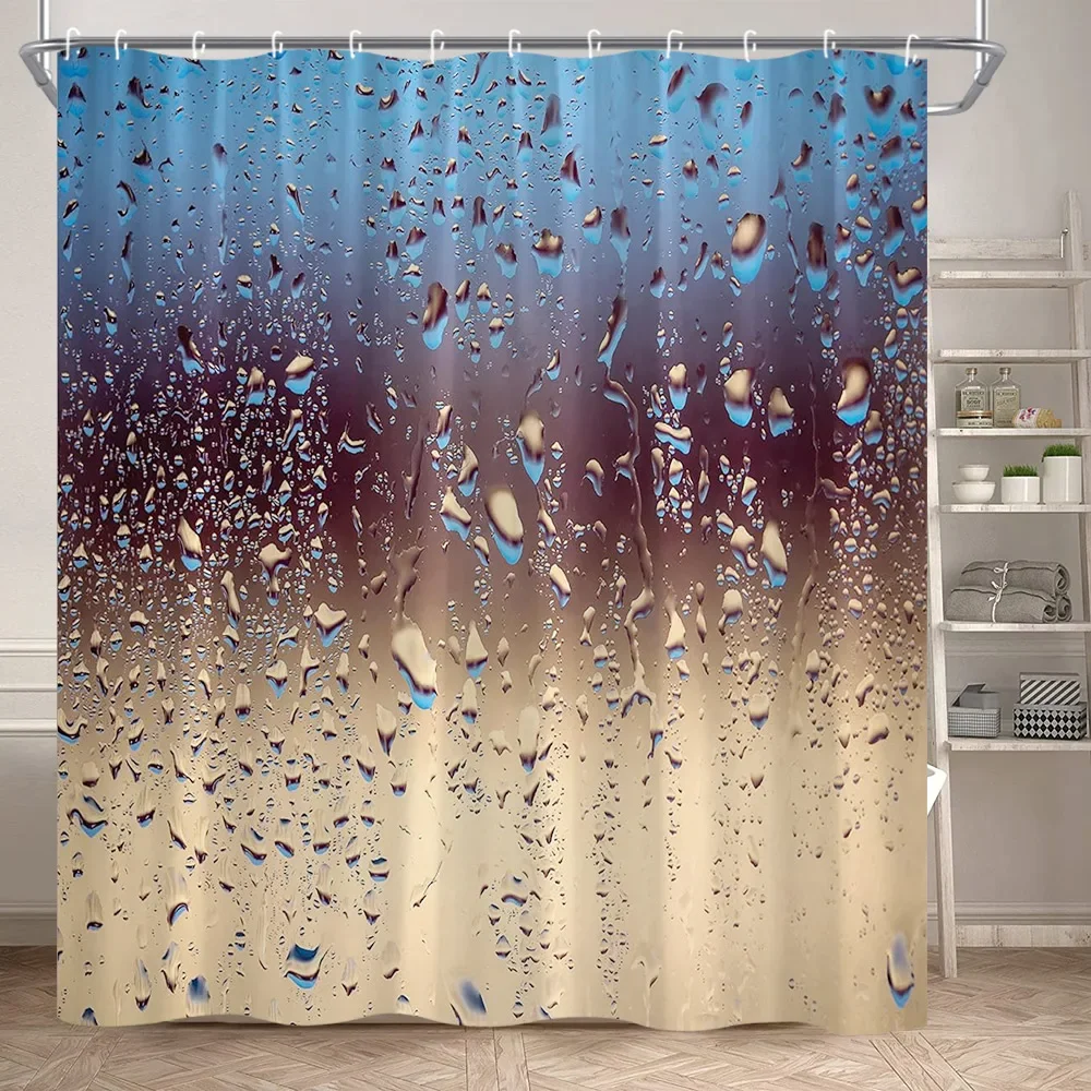 Raindrops Bubble Shower Curtain Water Drop Blue Color Background Bathroom Decor Modern Creative Waterproof Fabric Curtains Set