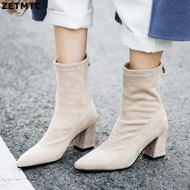 

2024 Women's Winter Fashion Pointed Boots Stretch Fabric Zipper Ankle Boots Мартин Сапоги Sexy High Heels Women Boots