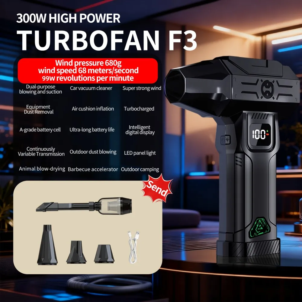 

F3 Turbo Jet Fan 5-ступенчатый мощный воздуходувка Портативный очиститель воздуха от пыли Бесщеточный турбоструйный вентилятор Уборка автомобиля и дома 1000 мАч