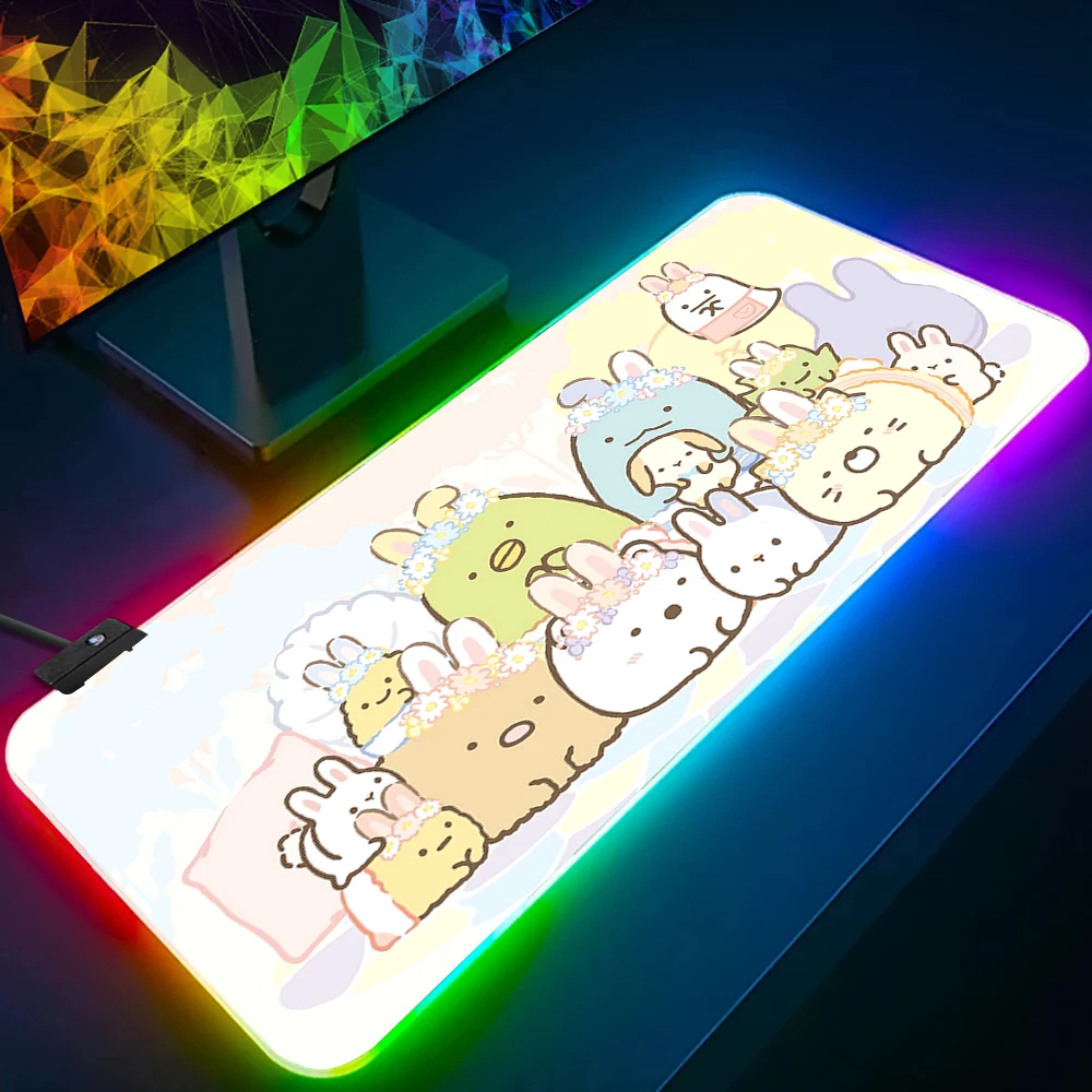 Kawaii Pink Sumikko Gurashi RGB Pc Gamer Keyboard Mouse Pad Mousepad LED Glowing Mouse Mats Rubber Gaming Computer Mausepad