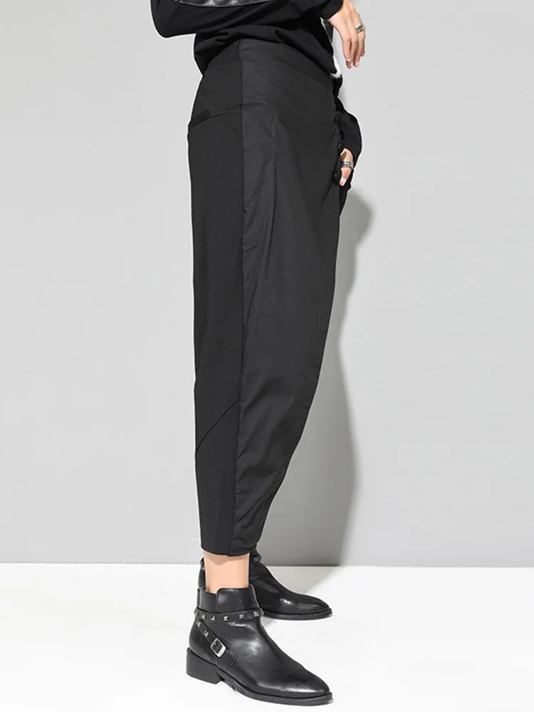 [EAM] High Elastic Waist Black Asymmetric Casual Pants New Loose Fit Trousers Women Fashion Tide Spring Autumn 2024 1DF4648