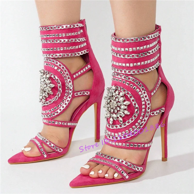 صنادل بكعب ستيليتو من حجر الراين باللون الأحمر الوردي للنساء من جلد الغزال بمقدمة مدببة وسحاب خلفي وكعب عالي فاخر وسلسلة كريستالية أحذية الحفلات #2