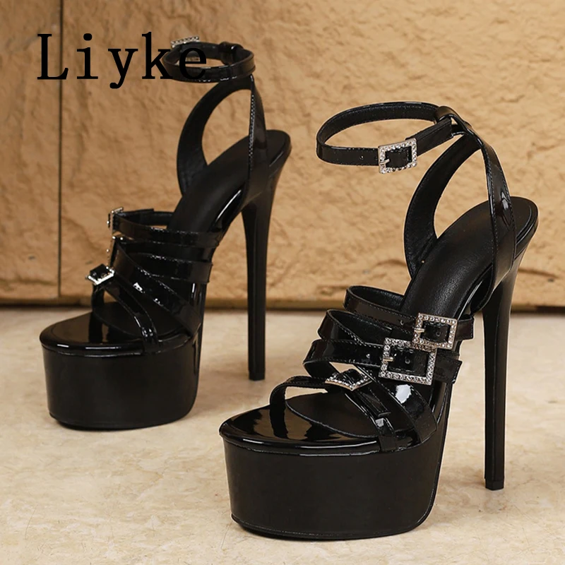 Liyke Model Show Super High Heels Stiletto Women Platform Sandals Fashion Open Toe Crystal Buckle Ladies Wedding Stripper Shoes