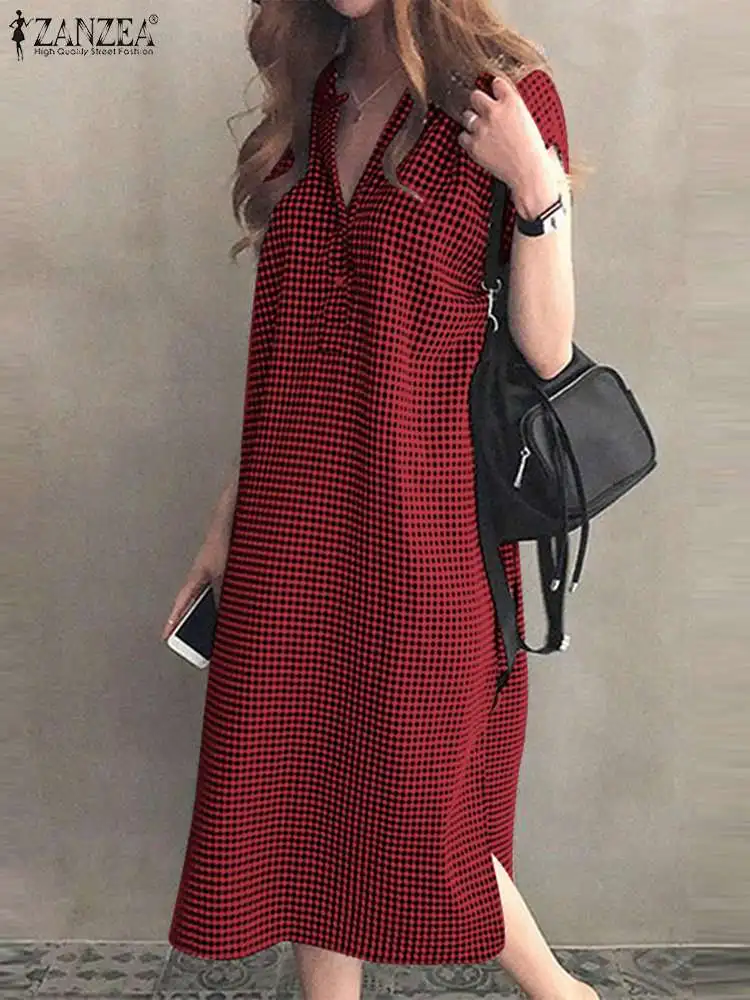 ZANZEA Summer Short Sleeve Vestidos Fashion Korean Printed Plaid Sundress Women Bow Kaftan Split Midi Dress Holiday Casual Robe