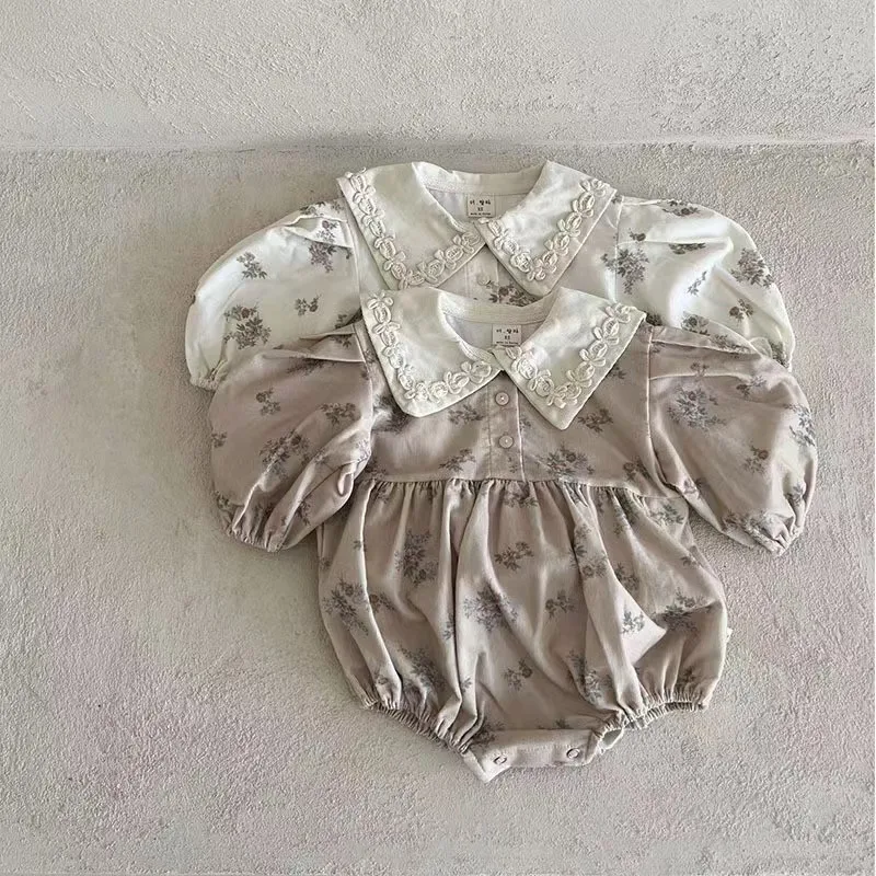 

2025 Autumn New Baby Girl Long Sleeve Floral Bodysuit Cotton Princess Peter Pan Collar Jumpsuit Newborn Infant Clothes 0-24M