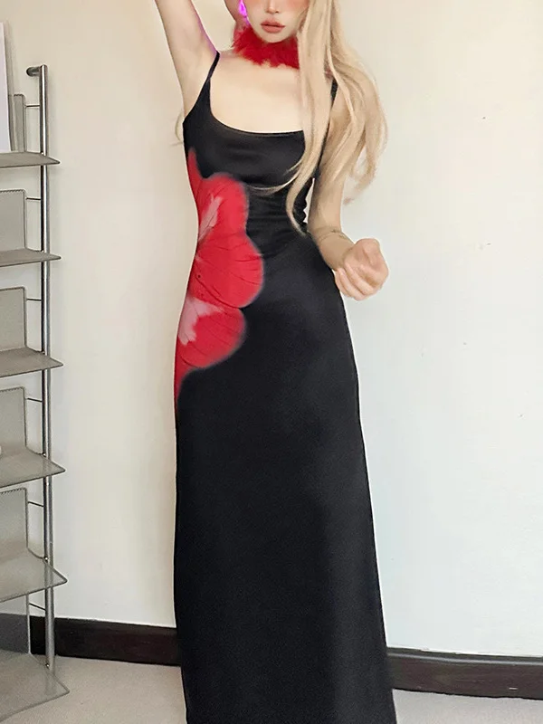 

Retro Floral Print Strapl Dr Sexy Slimming Waist Long Summer Gown Women's Faionable Ele Sle VU Neline Polyester