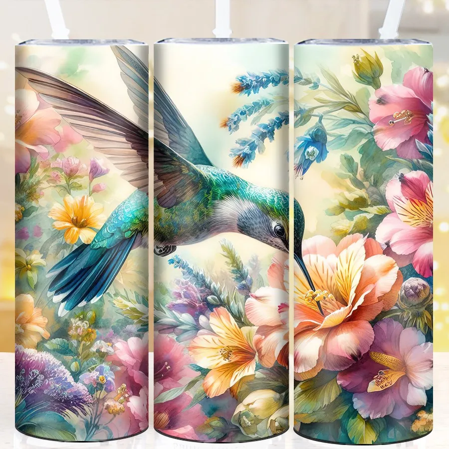 20oz Stainless Insulated Festive Tumblers Straw Lid 1Pc 3D Print Hummingbird & Flowers Party Decors Vacuum Cups CHristmas Decors