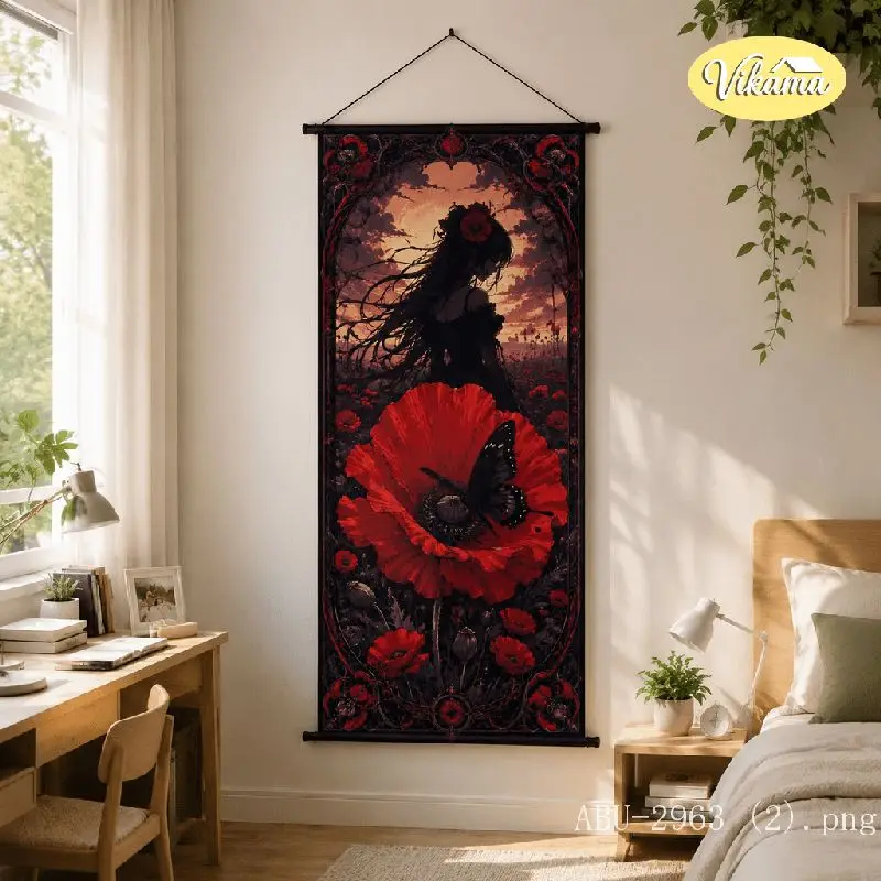 VIKAMA Gothic Girl Red Poppy Tapestry Butterfly Sunset Dark Floral Ornate Vintage Art Wall Hanging Bedroom Aesthetic Decor