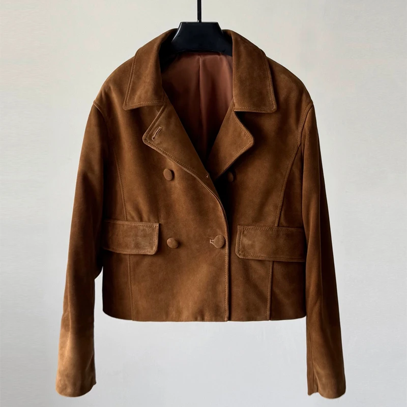 2025 ฤดูใบไม้ร่วงVINTAGEสีน้ําตาลผู้หญิงของแท้หนังสั้นชุดสูทSingle-breasted Goatskinเด็กเสื้อแจ็คเก็ตหนังนิ่มหญิง