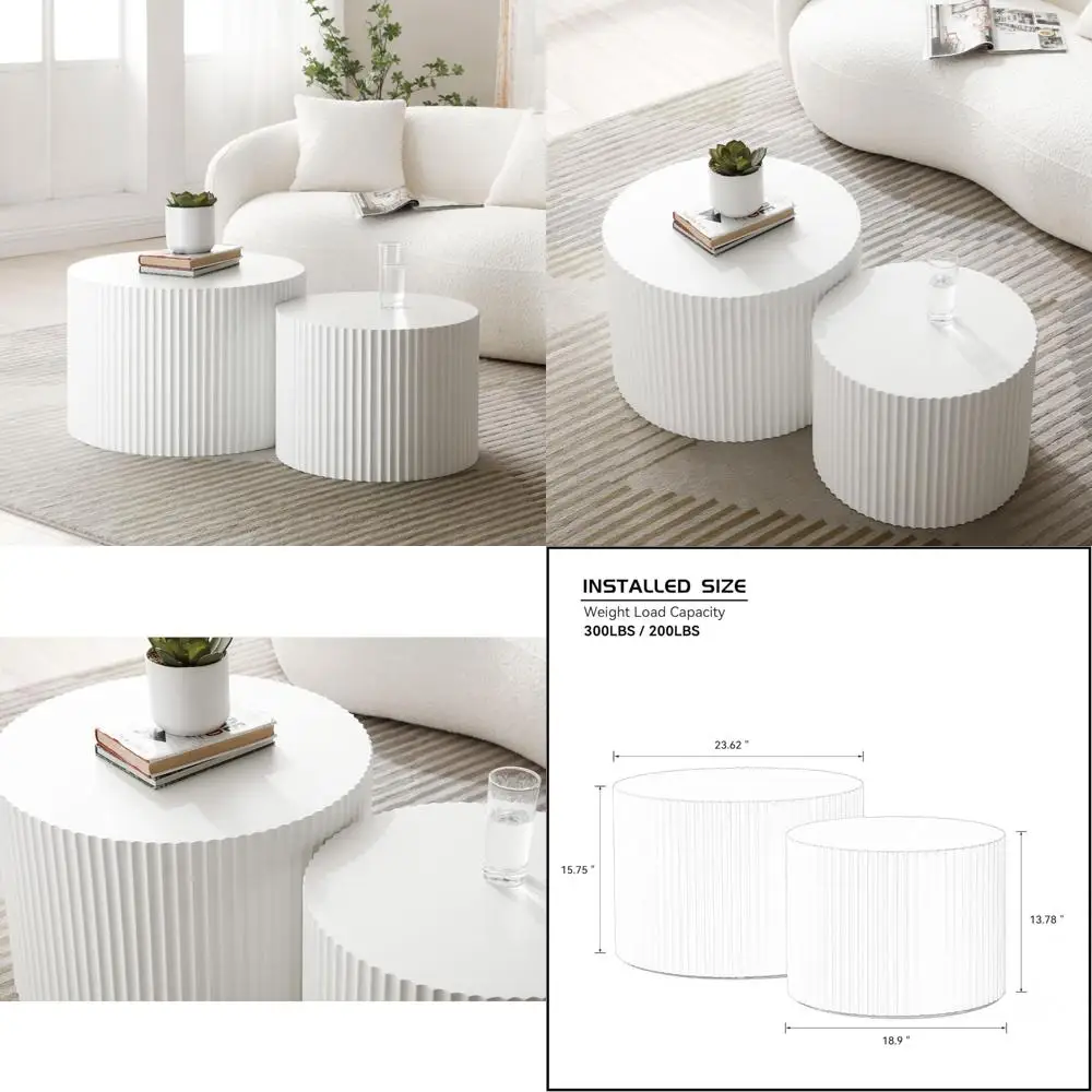 

Modern White Nesting Coffee Tables Set - Compact Drum Side Tables for Small Living Rooms
