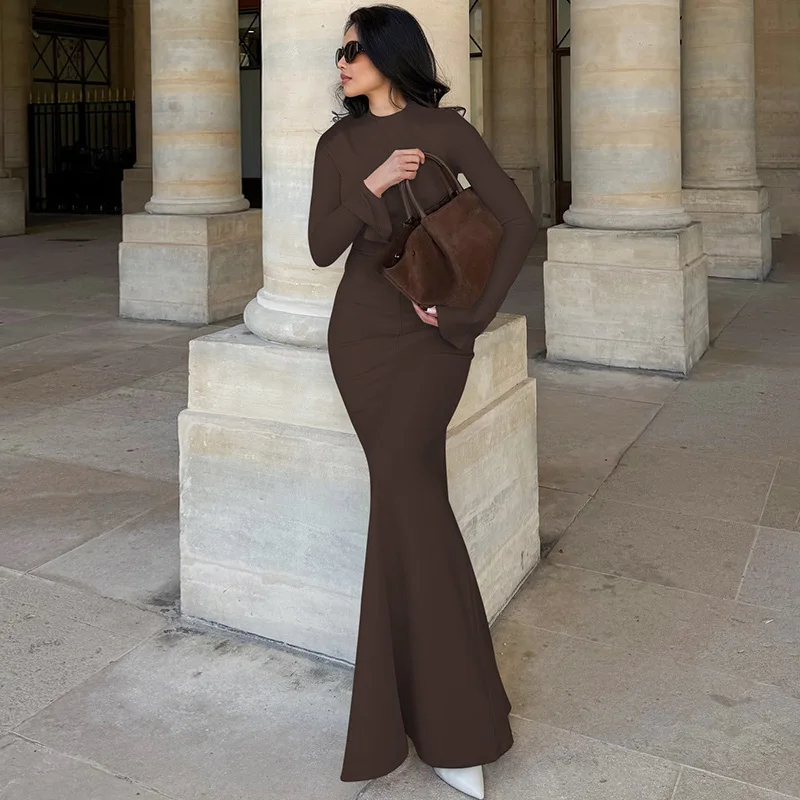 

Ticketsx Autumn Solid Round Neck Slim Long Sleeve Dress Fashion Patchwork High Waist Dress Elegant Party Evening Dress Women